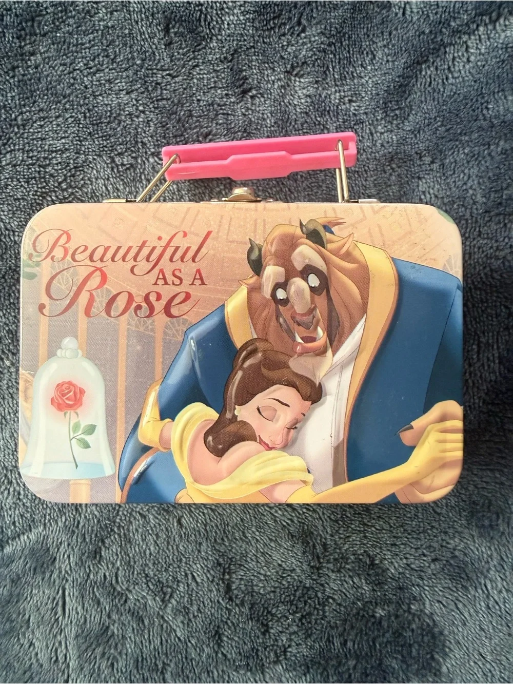 Disney Pink Beauty and the Beast Treasure Tin with Assorted Colorful Toy Charms.
